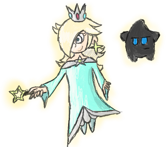 Illustration of a blonde princess with a sweeping bang and a blue/teal dress floating mid air alongside her luma, a star shaped assistant with eyes.